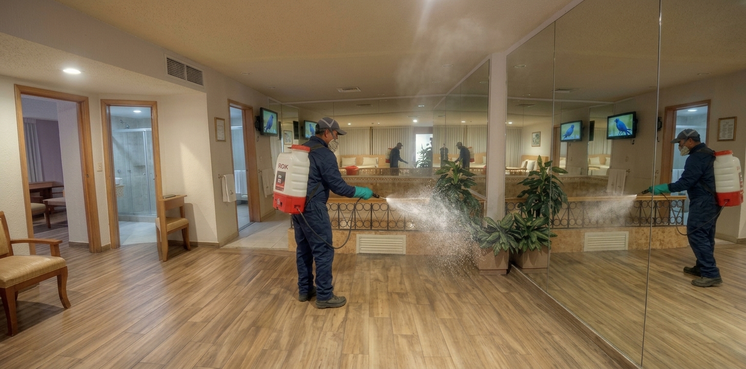 Técnico profesional realizando un servicio de fumigación