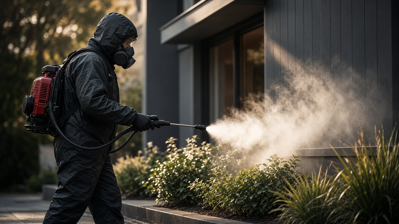Técnico profesional fumigando una propiedad